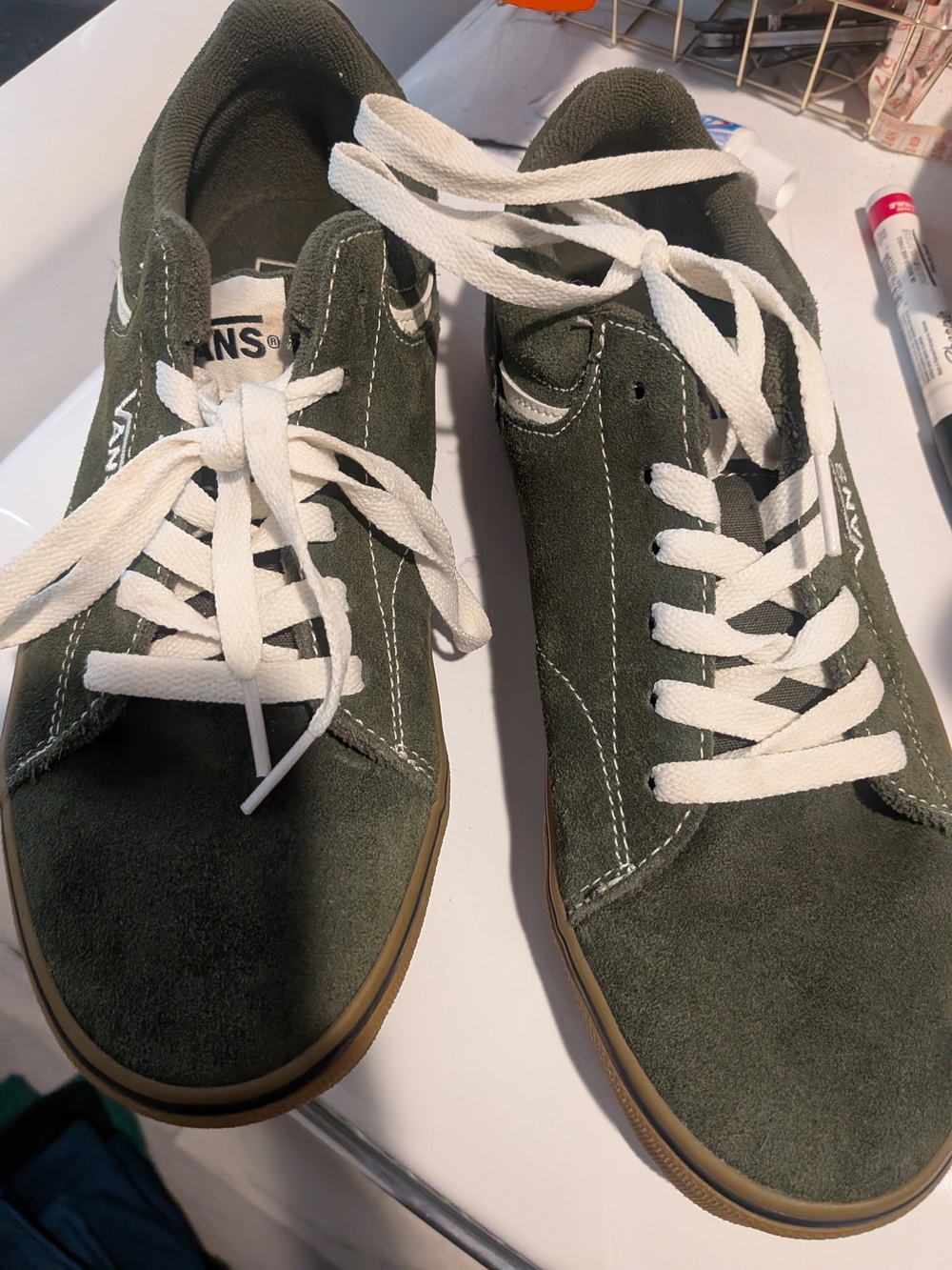 Vans Men’s Low-Top Suede Sneakers in Olive Green with White Laces